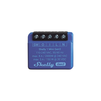 [SHELLY1MINIGEN3] Mini Interruptor inteligente con Wi-Fi, contacto seco, 1 canal 8A, compatible con asistentes de voz Alexa y GoogleHome